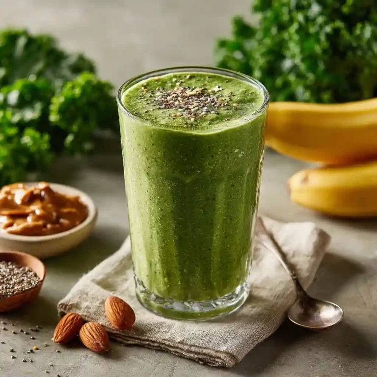 Featured shot of a green smoothie for fat loss on a linen napkin with ingredients