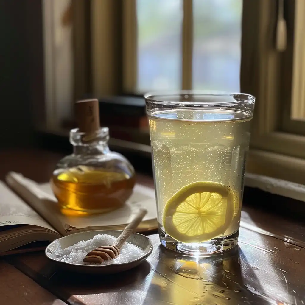 Finished Celtic sea salt drink with lemon on a bedside table as a sleep-support ritual