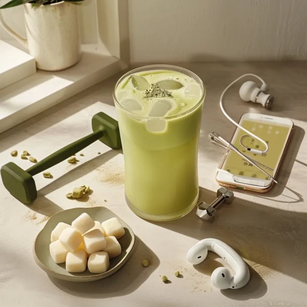 Finished mochi drink with women’s fitness accessories highlighting a weight loss lifestyle