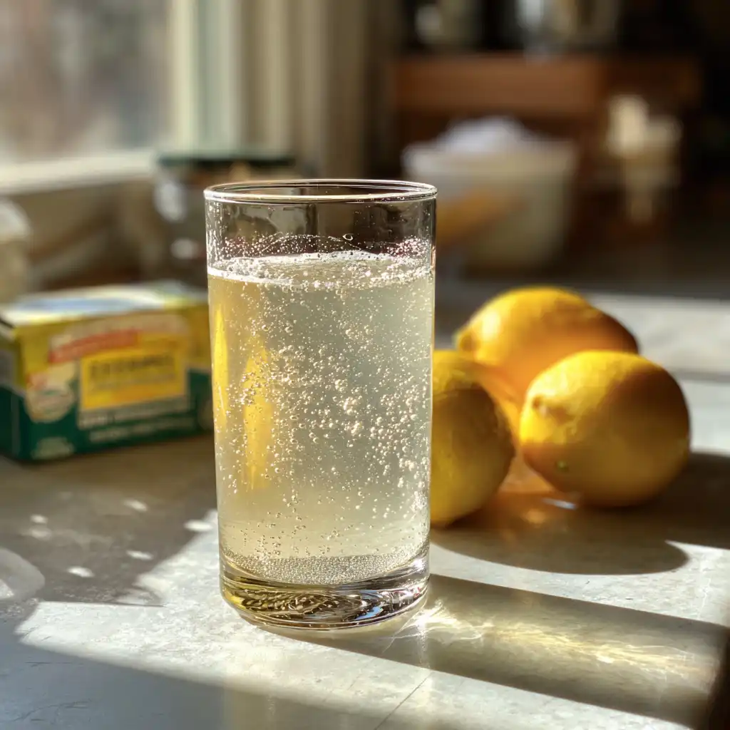 Fizzy baking soda wellness drink with lemon and apple cider vinegar