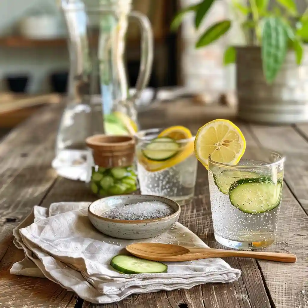 Flat lay of Celtic sea salt drink ingredients on a light countertop