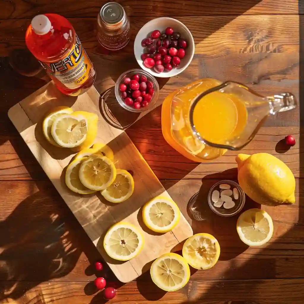 Flat lay of Certo detox ingredients including fruit pectin, Gatorade, water, lemon, cranberries, and a B vitamin tablet