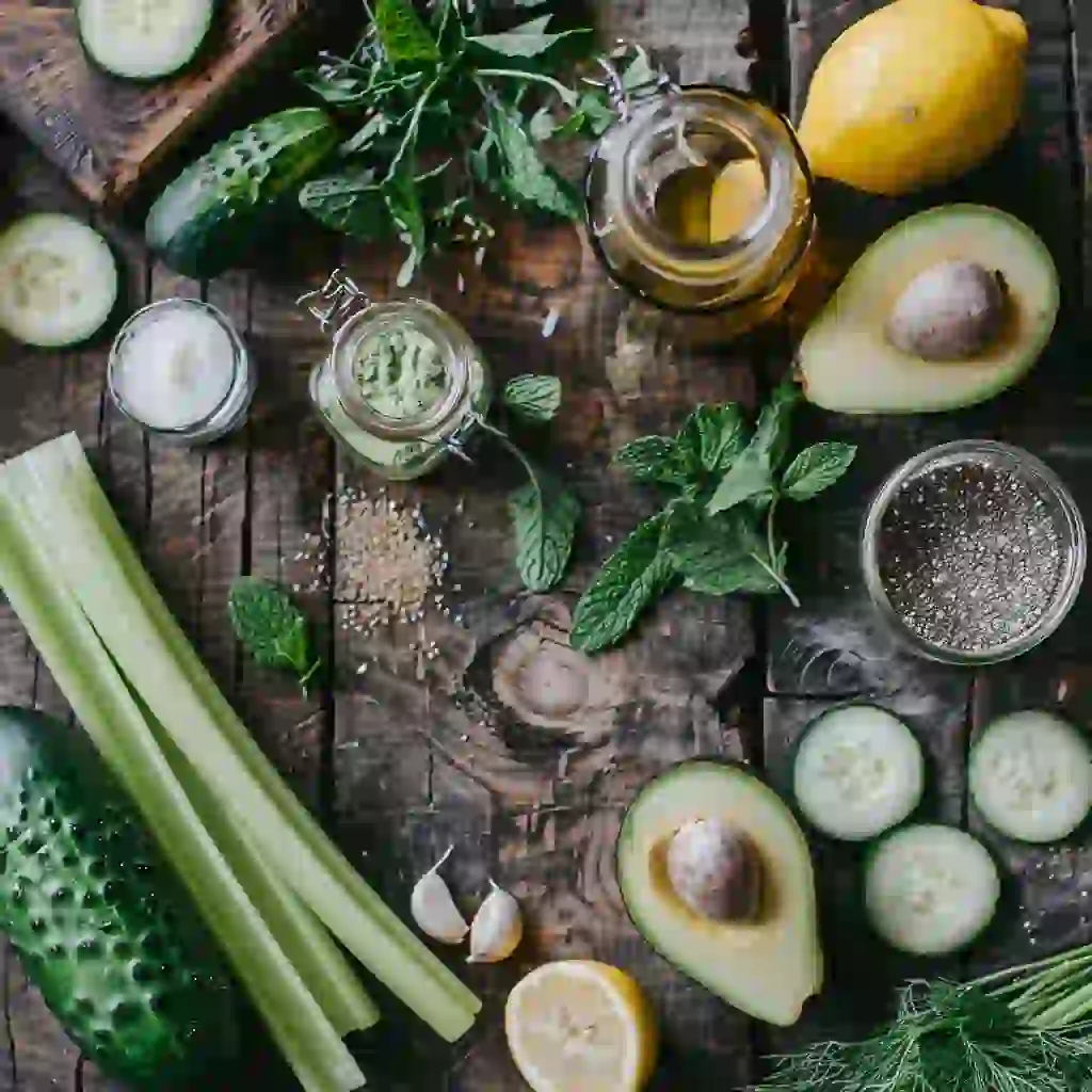 cucumber recipe healthy_Flat lay of cucumbers, celery, lemon, ACV, herbs, seeds, and healthy add-ins on a rustic table
