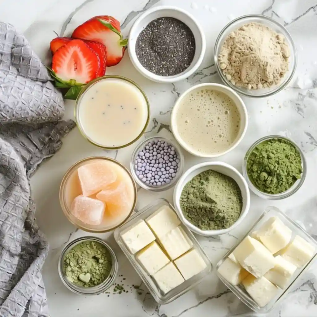 Flat lay of mochi drink ingredients arranged for a women’s weight loss recipe
