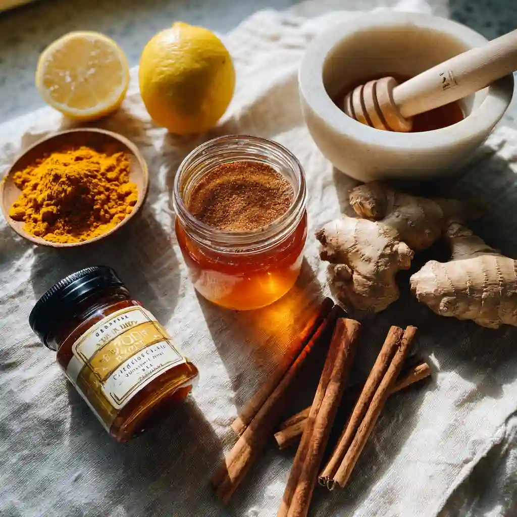 turmeric ginger cinnamon tea benefits_Flat lay of turmeric, ginger, cinnamon, lemon, and honey on a kitchen counter