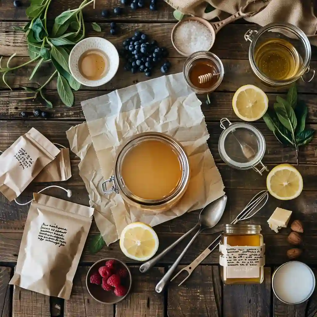 Flat lay of unflavored gelatin, broth, tea, lemons, berries, coffee, and tools for a gelatin weight loss plan