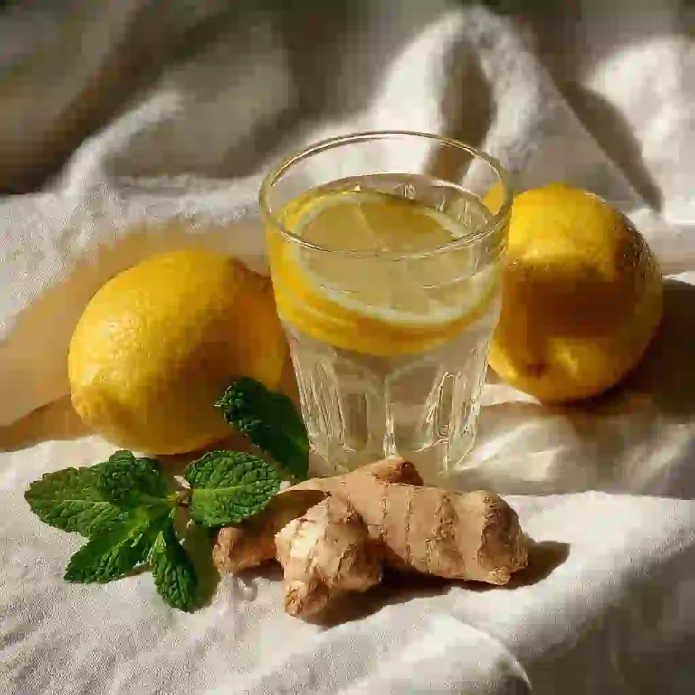 Fresh ginger root, lemons, mint, and a detox water glass on linen