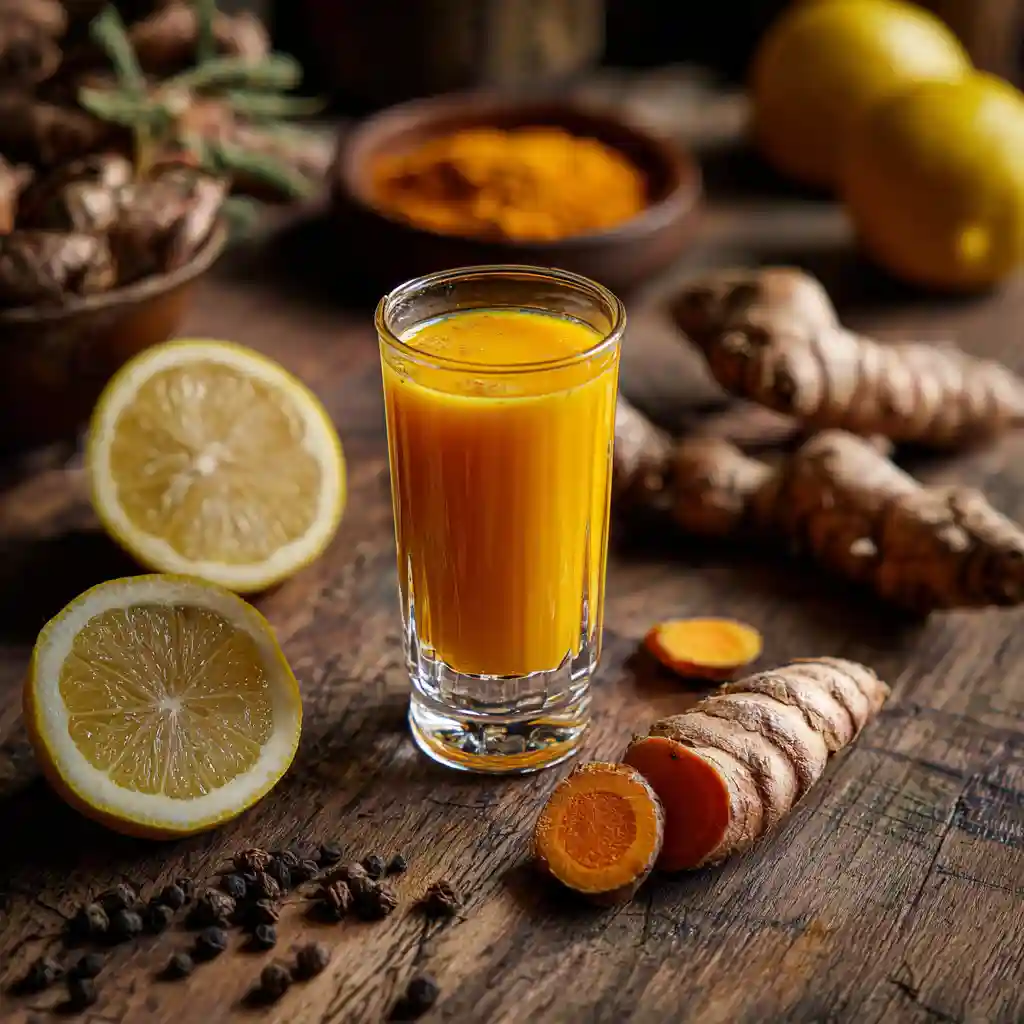 Fresh turmeric ginger shot in a clear glass with roots and lemon on a rustic wood counter