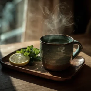 Freshly brewed green tea in a ceramic cup with lemon and mint