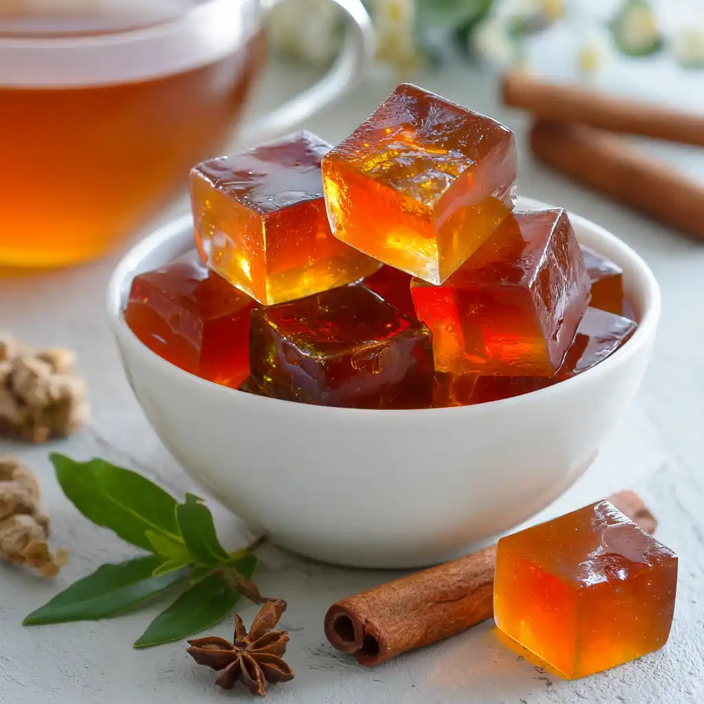 White bowl of gelatin trick cubes with cinnamon and tea in a sunlit kitchen