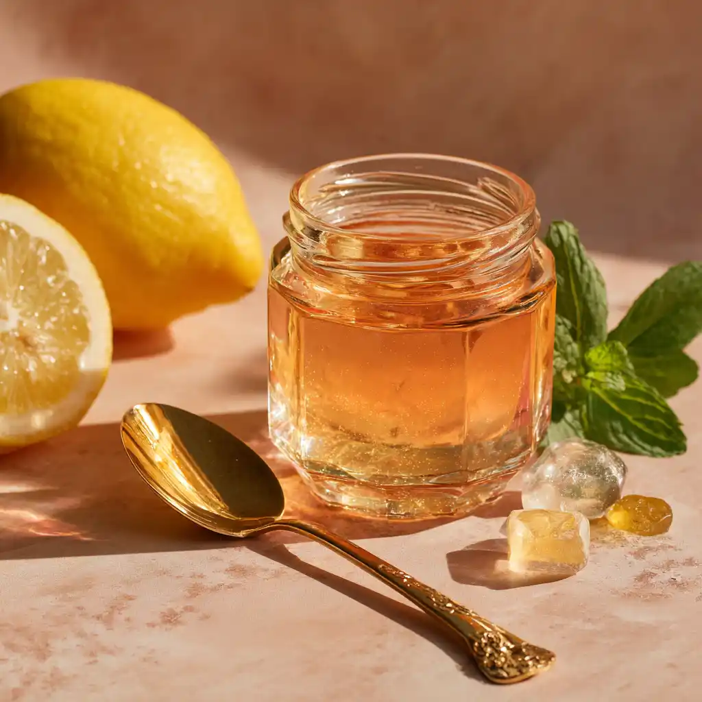 Living room scene with gelatin snack and tea, cozy cardigan and warm light
