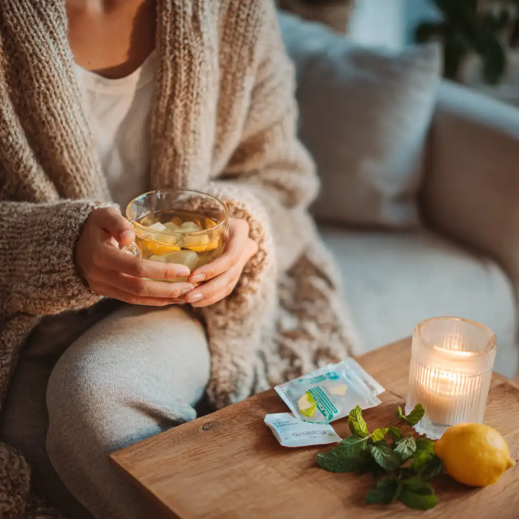 Glass jar of gelatin trick weight loss drink with lemon and mint on a sunlit counter
