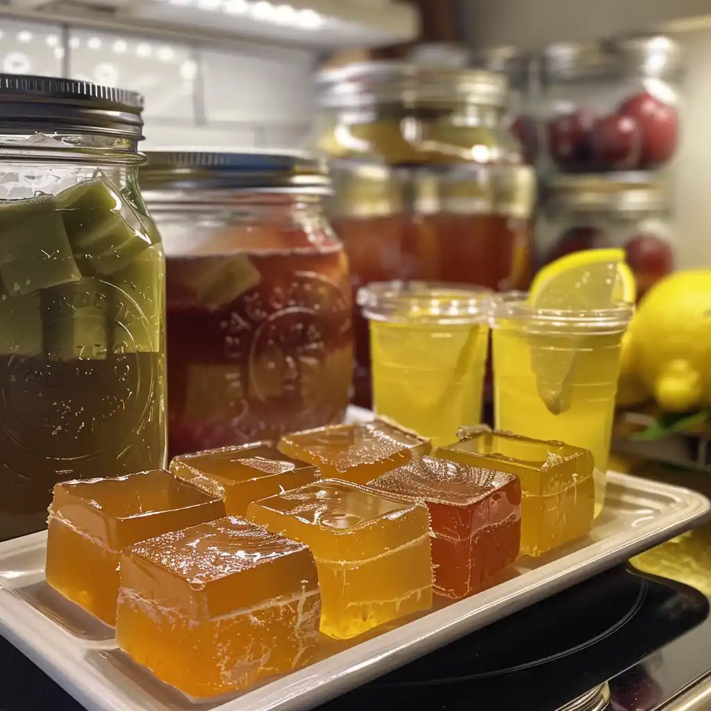 Gelatin weight loss serving suggestion with berry cubes, yogurt, and warm lemon gelatin tea