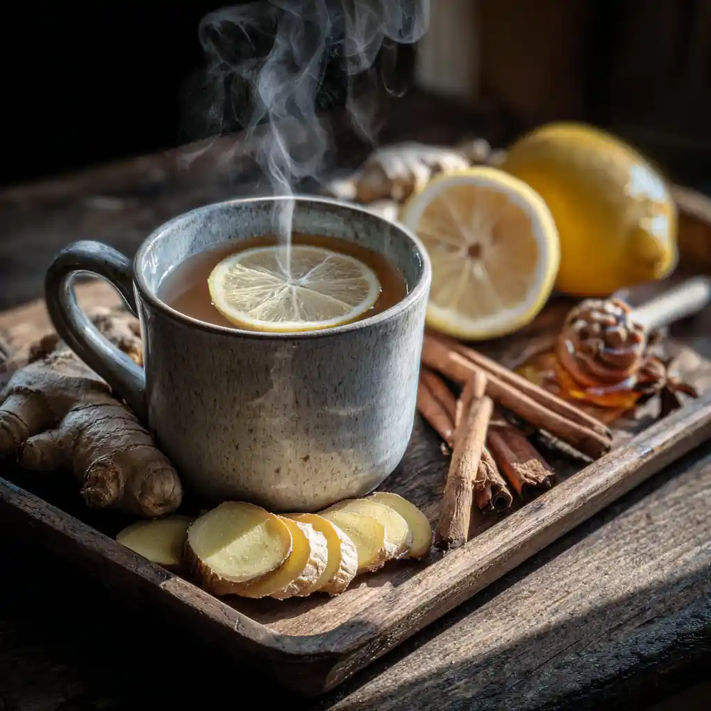 Cozy living room moment with ginger drink and wellness ingredients