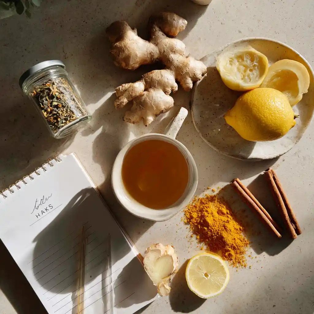 Hand holding a healthy ginger drink near a bright kitchen window