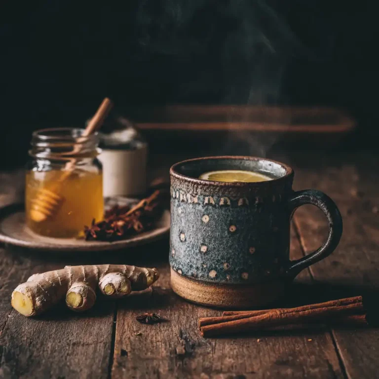 Ginger lemon honey tea with fresh ingredients in a cozy kitchen