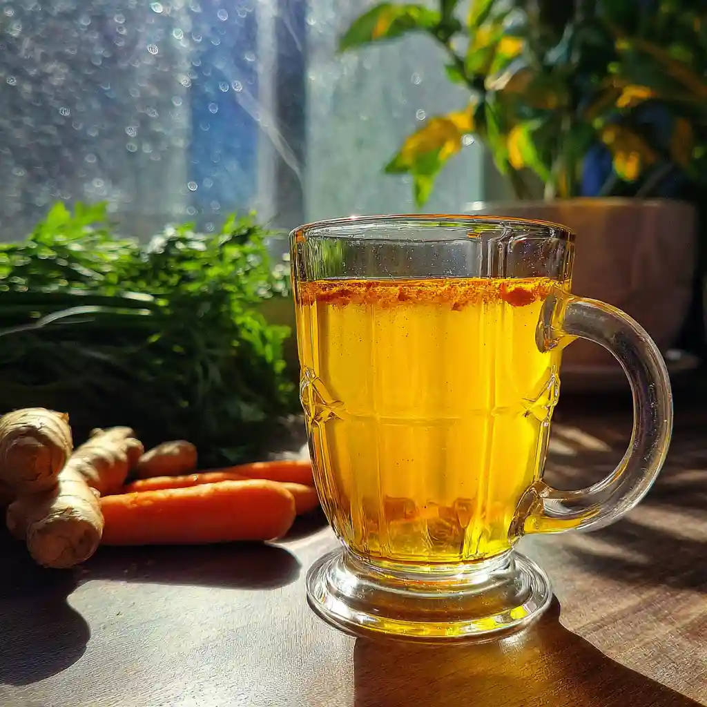 Vibrant ginger and turmeric tea in a clear glass mug with steam