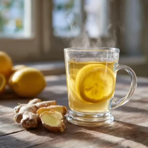 Ginger trick recipe tea with lemon and fresh ginger in a clear glass mug