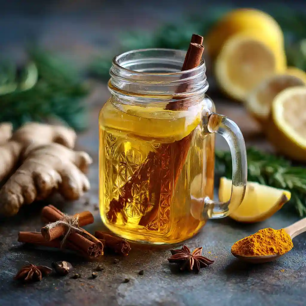 Ginger Root Recipes Drinks_Ginger turmeric drink in a mason jar with herbs and lemon