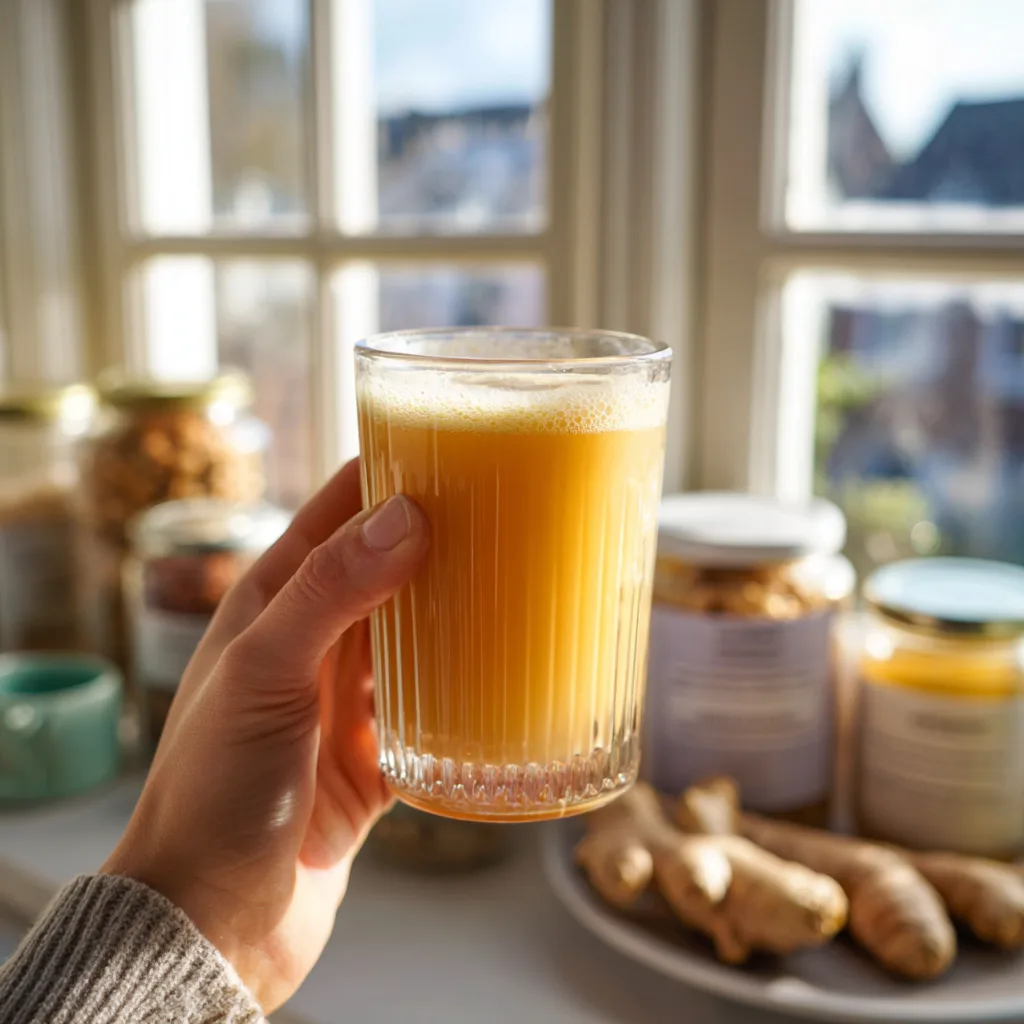 Ginger-based wellness tea with honey and lemon on a rustic wooden tray