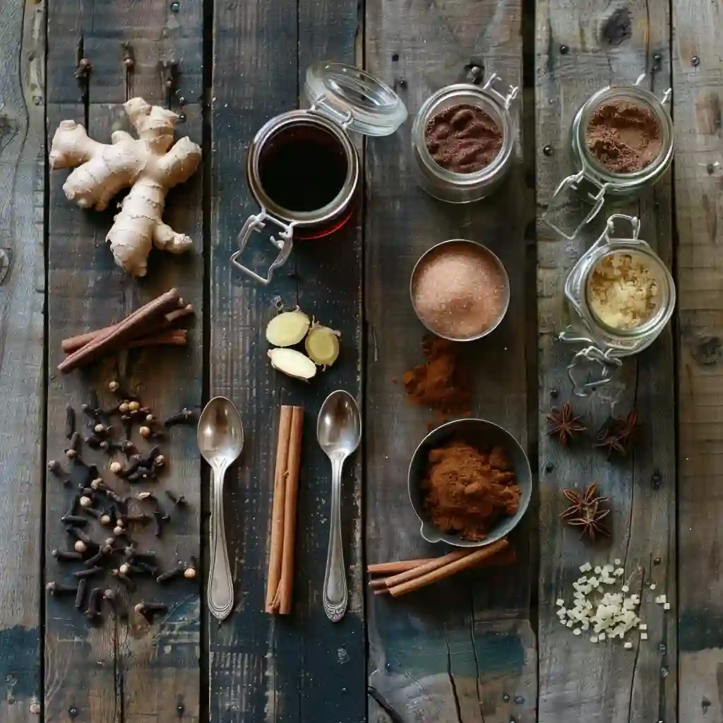 Gingerbread Syrup Recipe_Gingerbread syrup ingredients on wooden table including brown sugar, fresh ginger, and spices