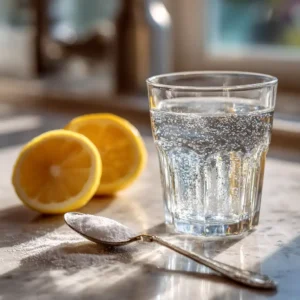 Glass of baking soda water with fizz beside lemon and baking soda on a sunlit countertop