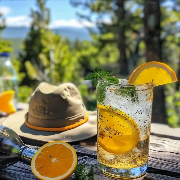Glass of homemade natural Gatorade over ice with citrus slices and mint as a serving suggestion