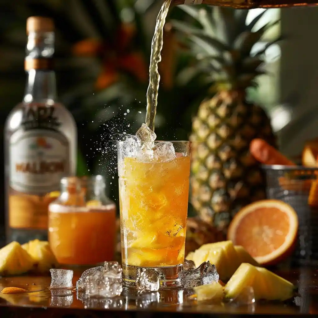 Golden-orange Jamaican Cowboy Drink being poured from a shaker into an ice-filled glass