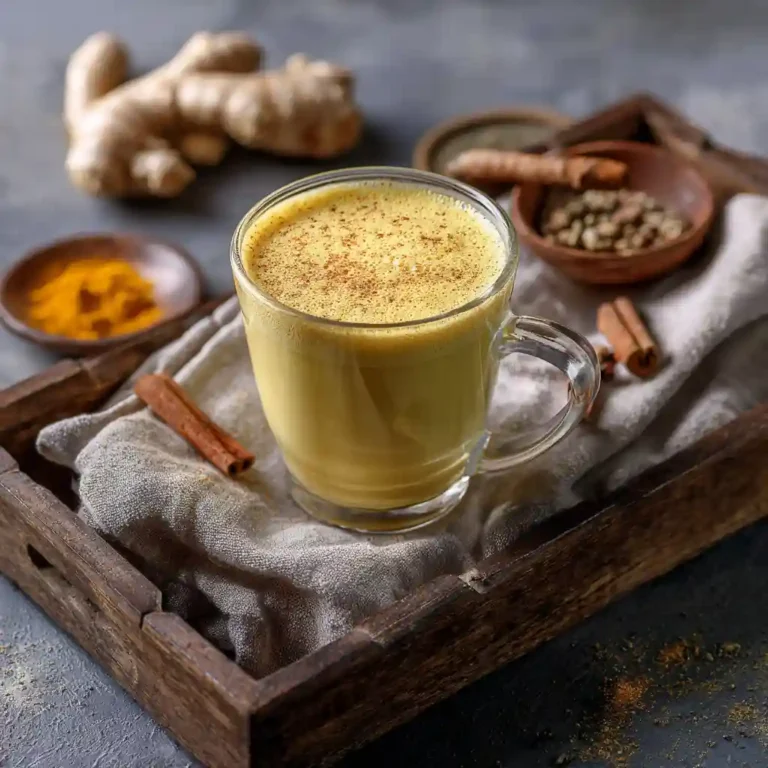 Golden turmeric ginger cinnamon tea served in a clear mug on a wooden tray