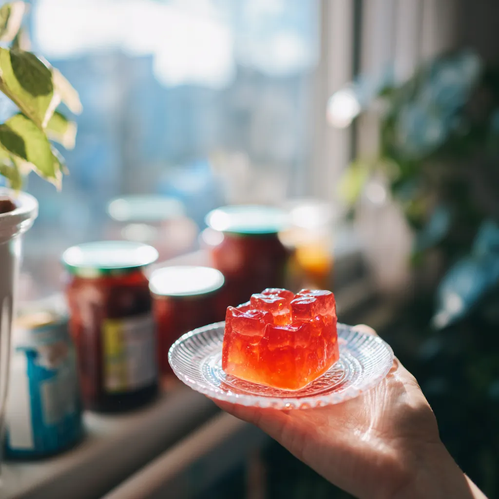 Hand holding a fresh portion of bariatric jello by a bright kitchen window