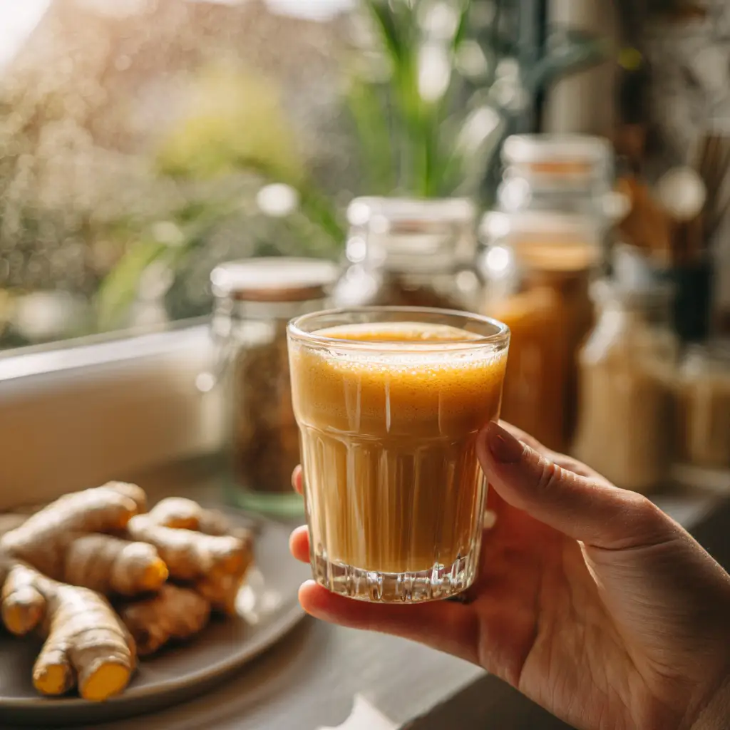 Hand holding a fresh ginger trick drink by a kitchen window in morning light
