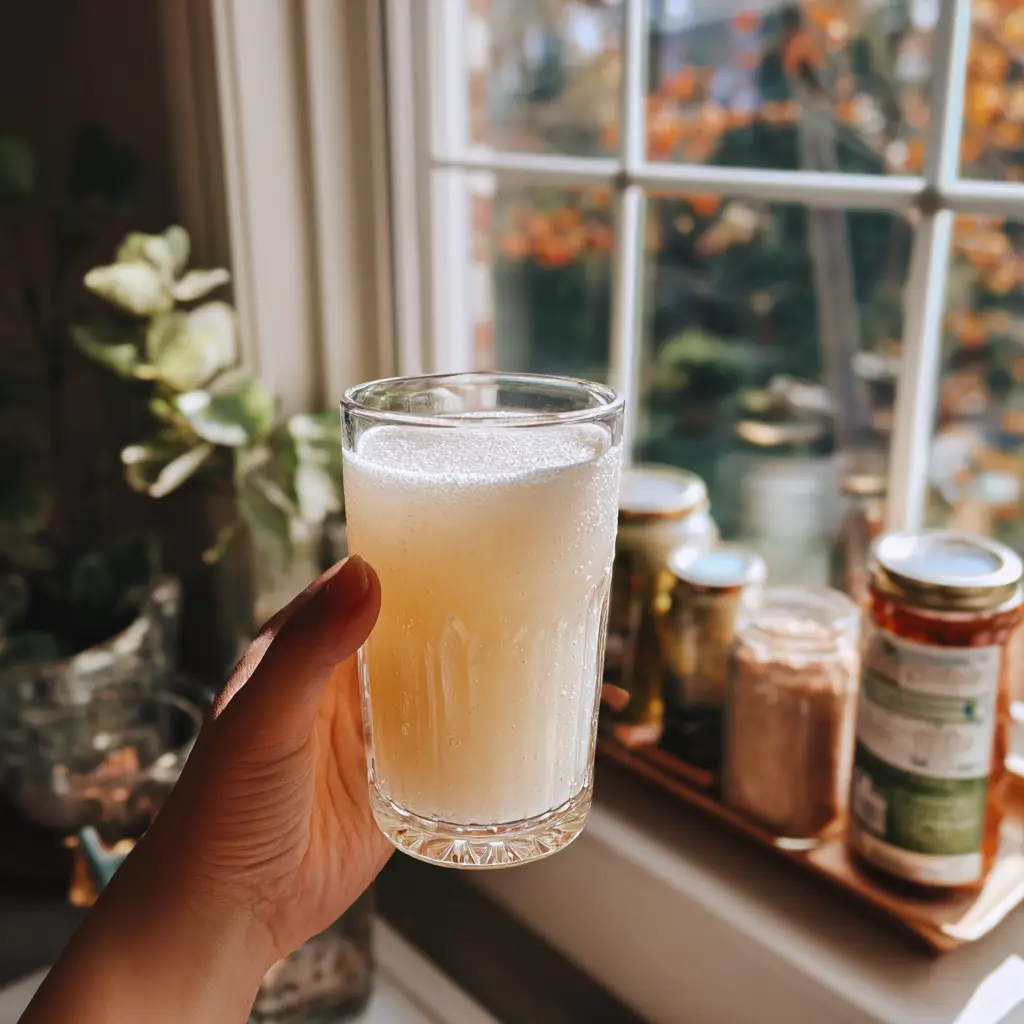 Hand holding a freshly mixed baking soda drink by a bright window