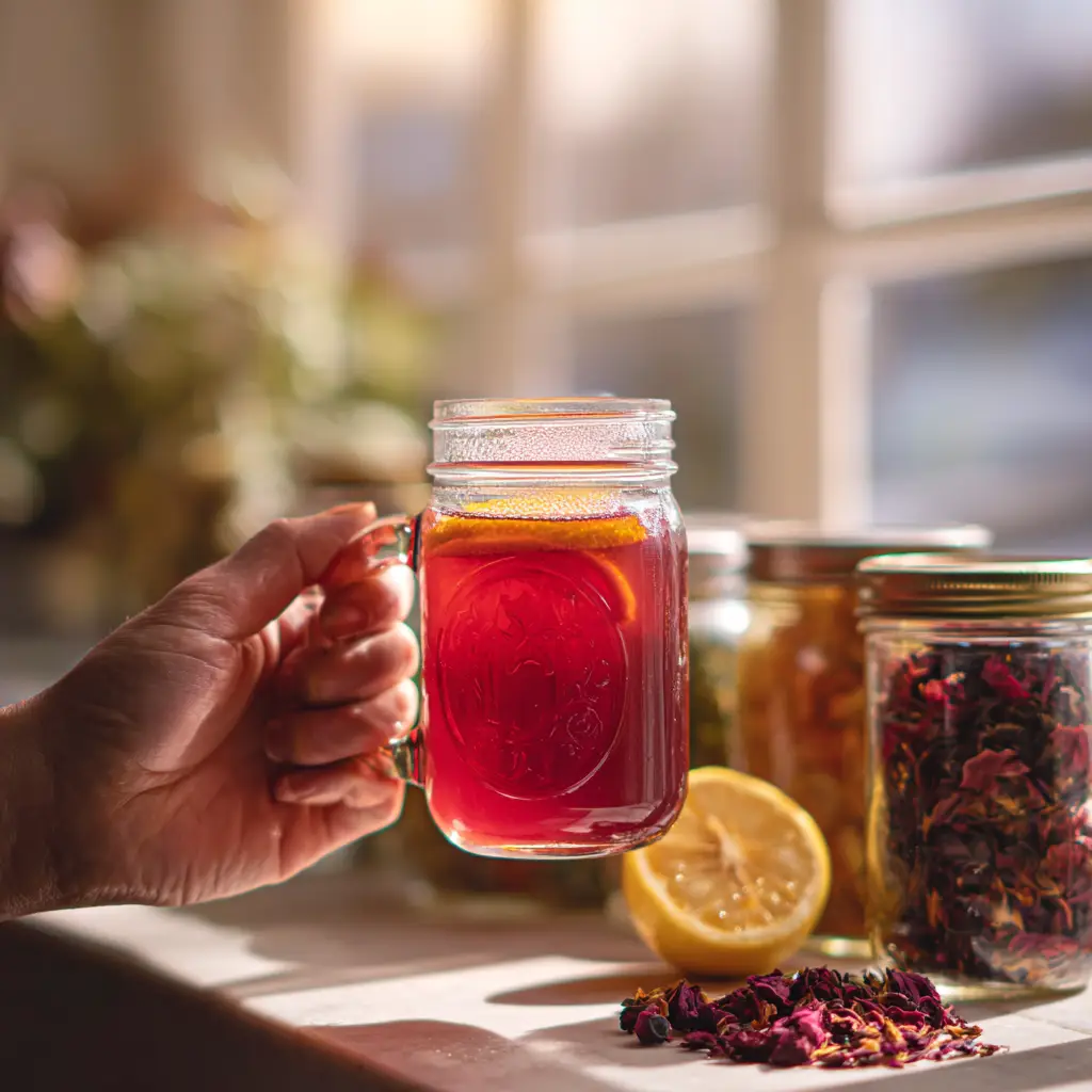 Hand holding a freshly brewed lemon zinger tea near a bright kitchen window with jars of hibiscus, lemon slices, and rosehips in the background