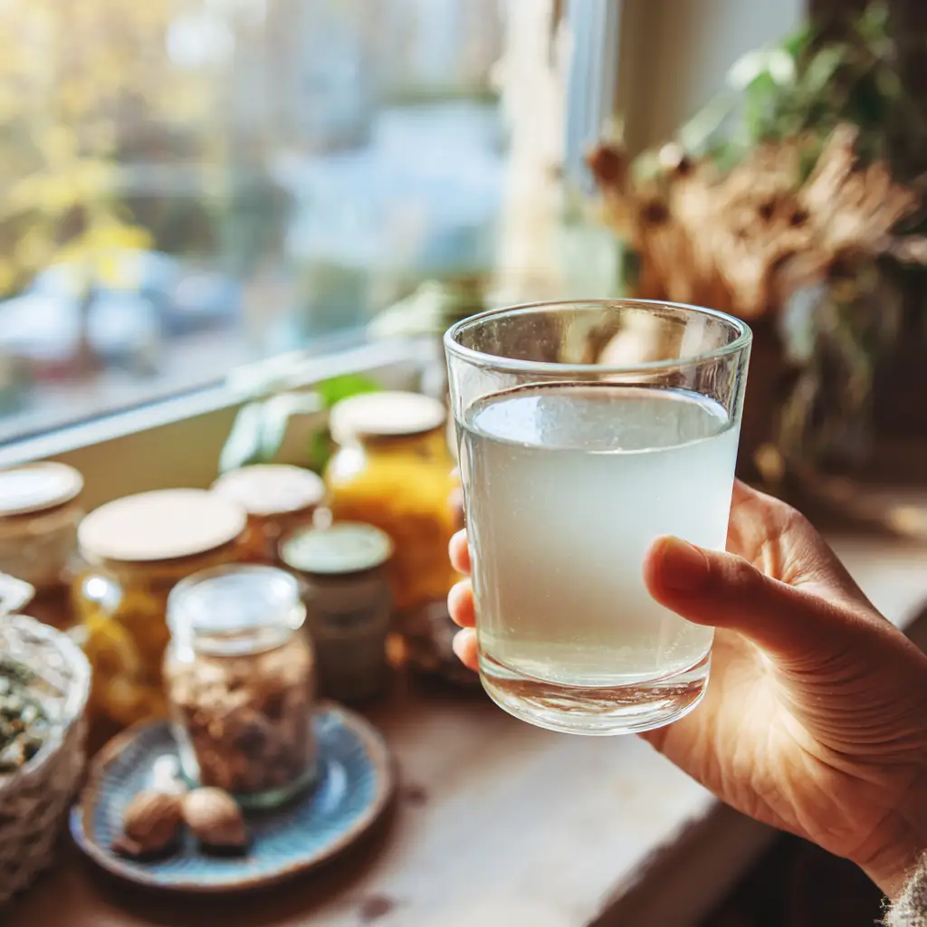 Hand holding a glass of baking soda water near a kitchen window in soft natural light