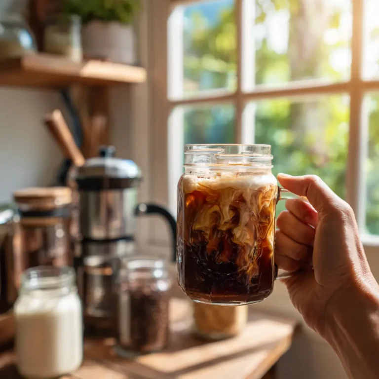 Hand holding a glass of homemade cold brew coffee near a bright kitchen window