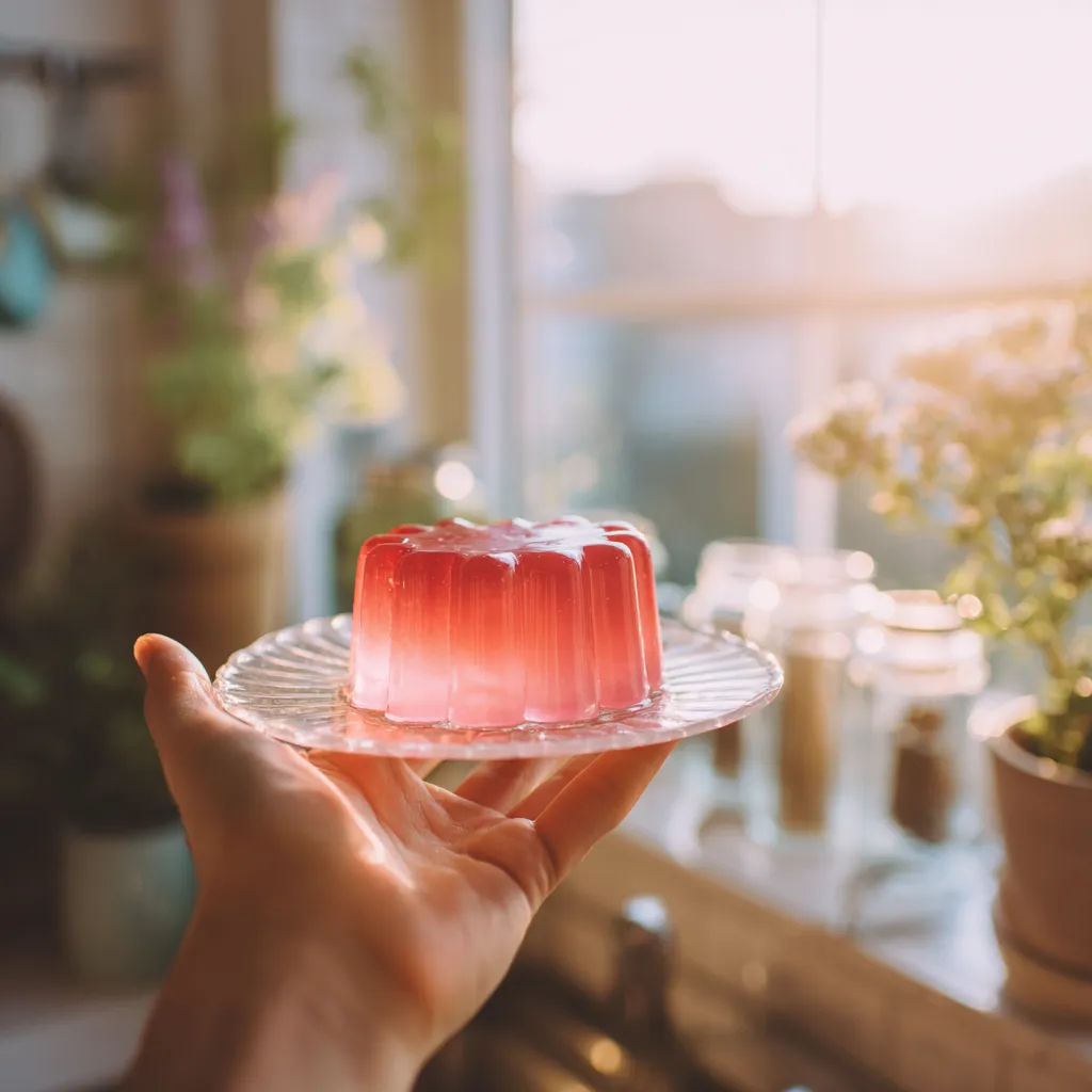 Hand holding a healthy pink gelatin dessert near sunlit kitchen window