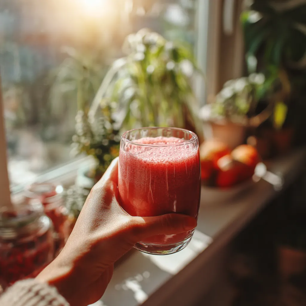 Hand holding a healthy smoothie near a kitchen window with cozy light