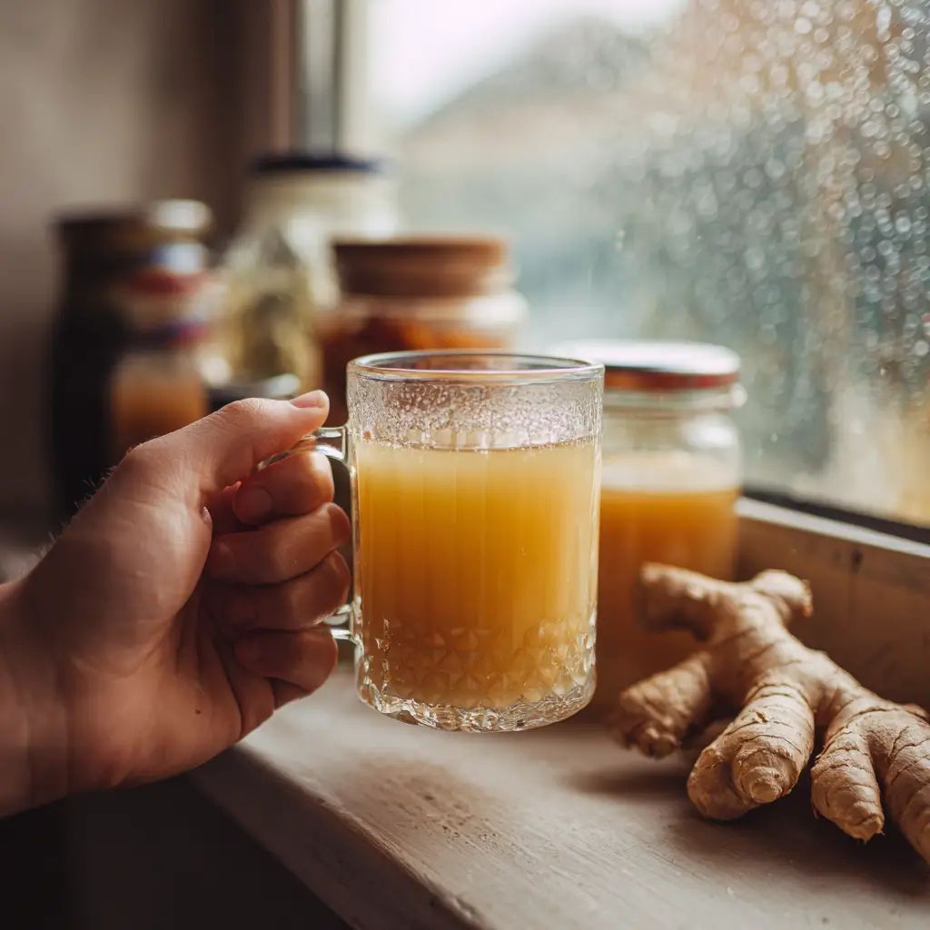 Hand holding a honey ginger tea near a kitchen window with wellness vibe