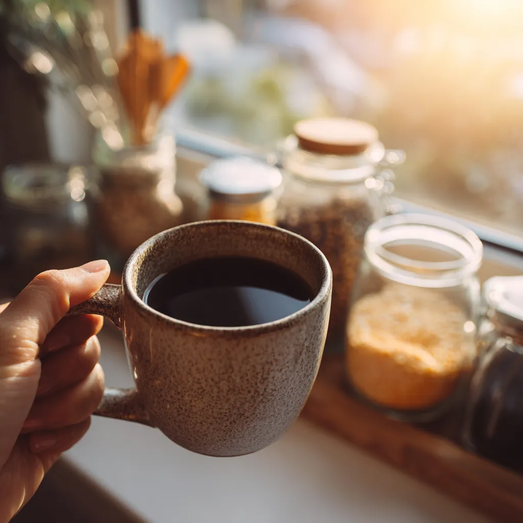 Hand holding a mug of baking soda coffee near a sunlit window