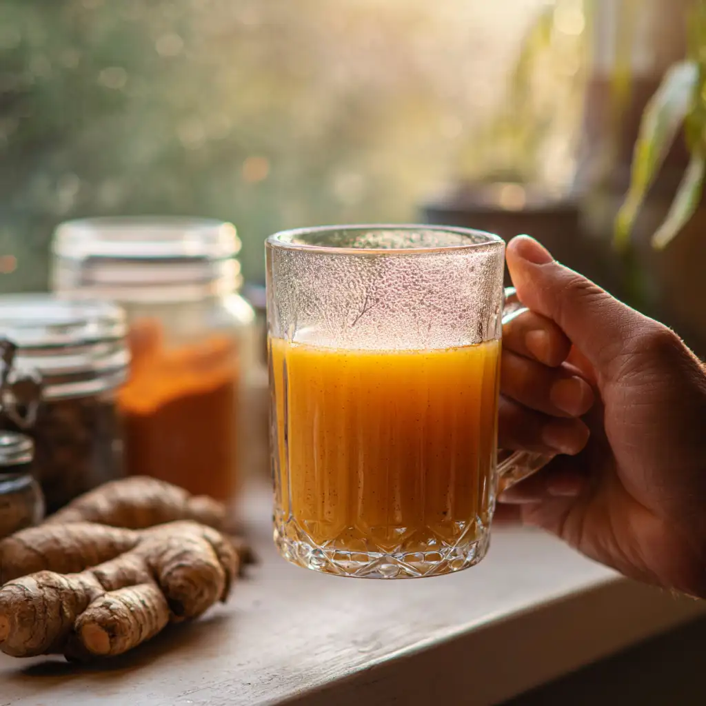 Hand holding a mug of turmeric ginger cinnamon tea near a bright kitchen window