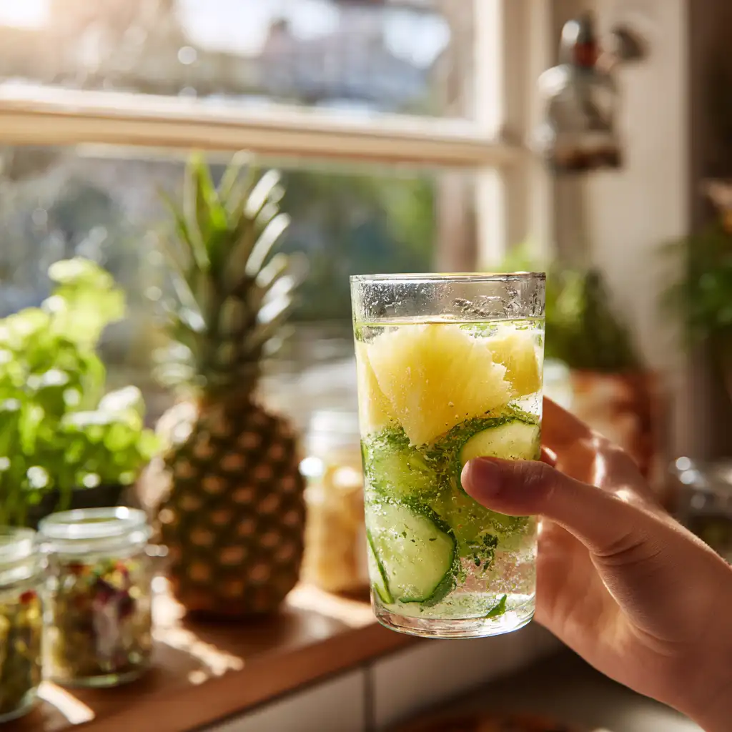 Hand holding a pineapple cucumber detox jar by the window in natural light