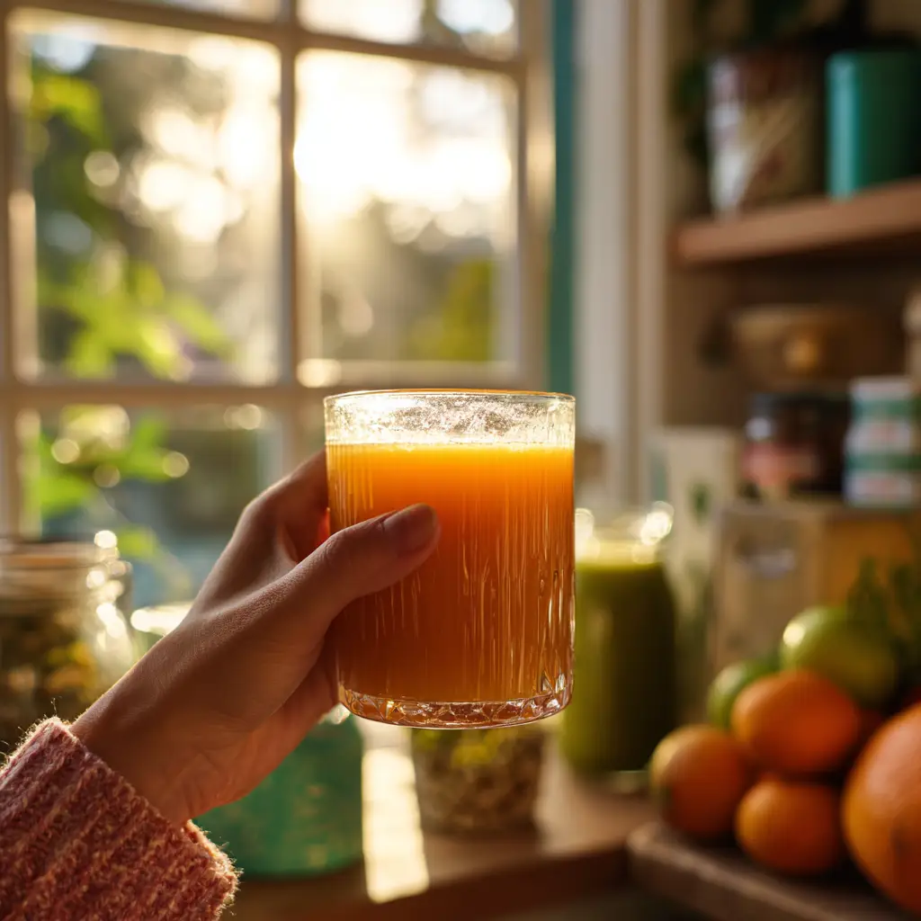 Hand holding a toucan drink near a sunlit kitchen window with tropical accents