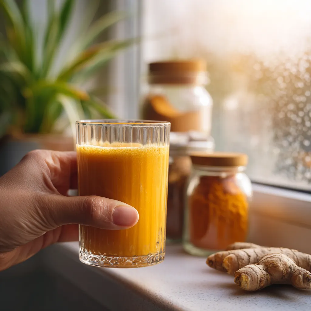 Hand holding a turmeric ginger shot near a sunny kitchen window with blurred jars and spices