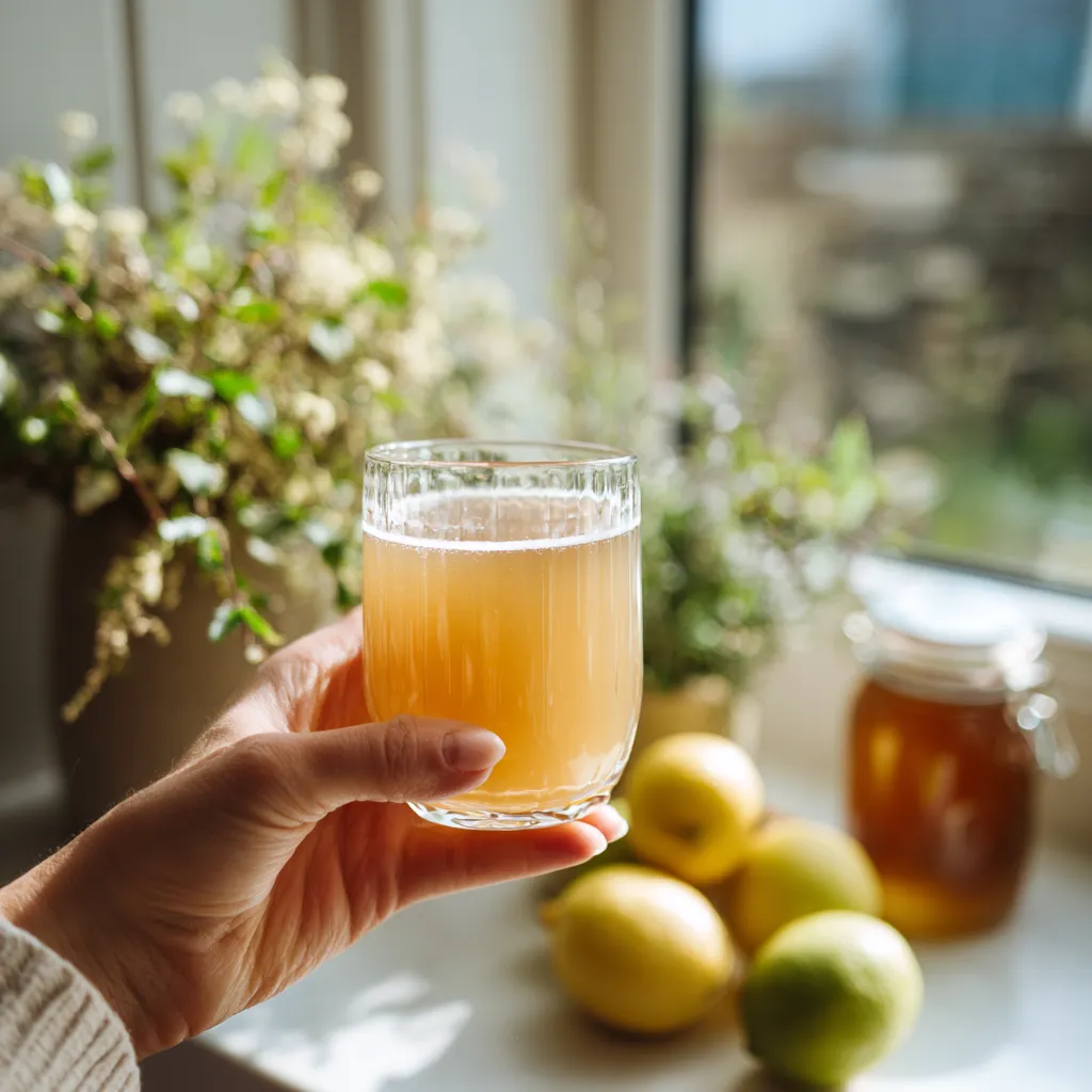Hand holding a warm Canaan honey drink in morning sunlight by kitchen window