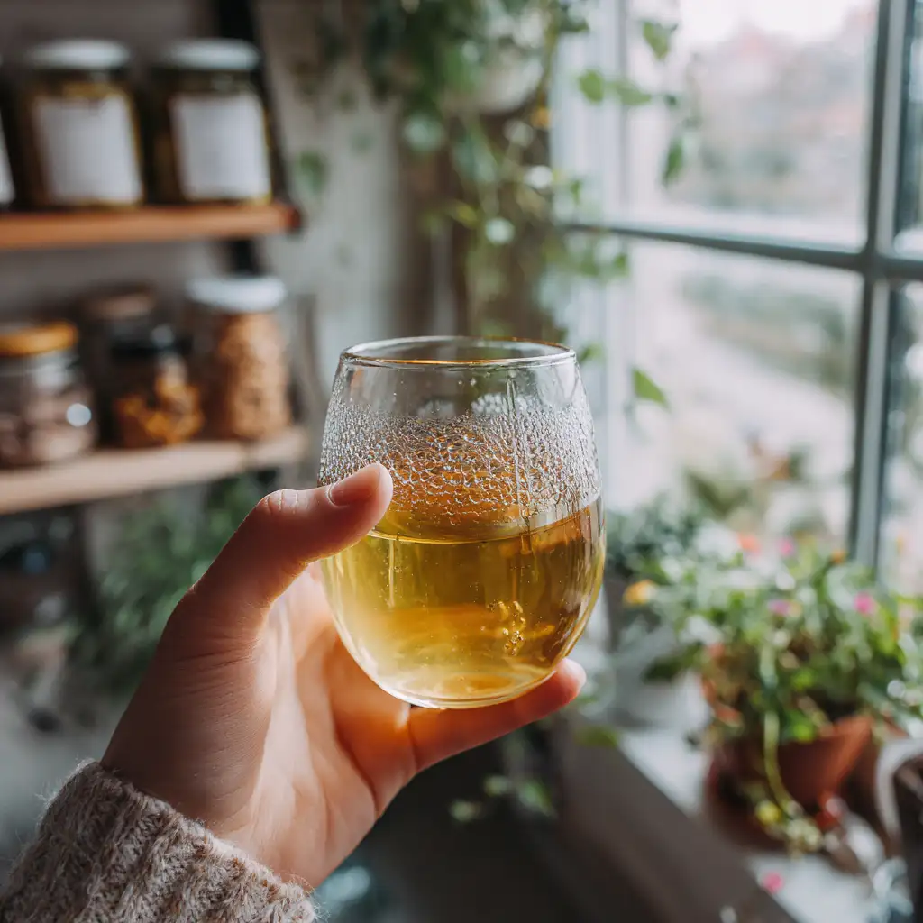 Hand holding a warm cup of green tea by a kitchen window