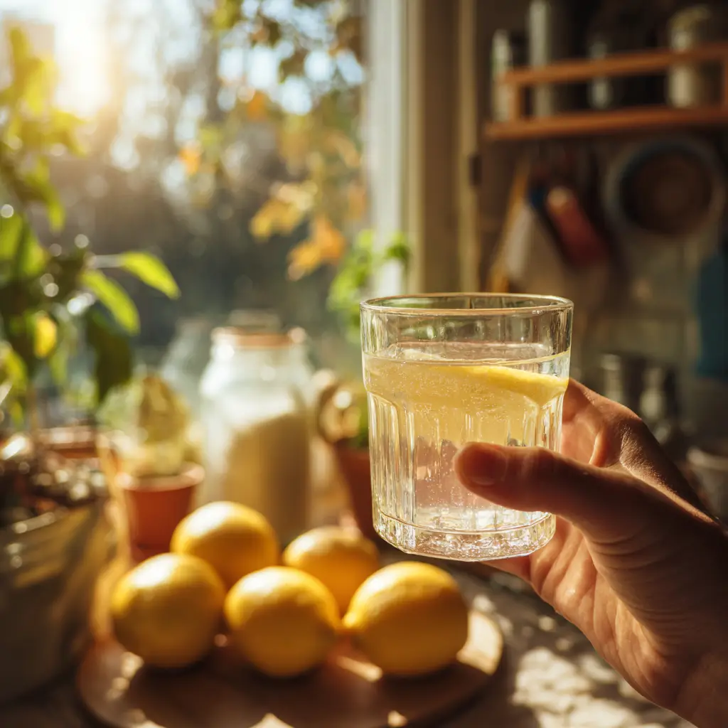Hand holding baking soda water near a sunny kitchen window