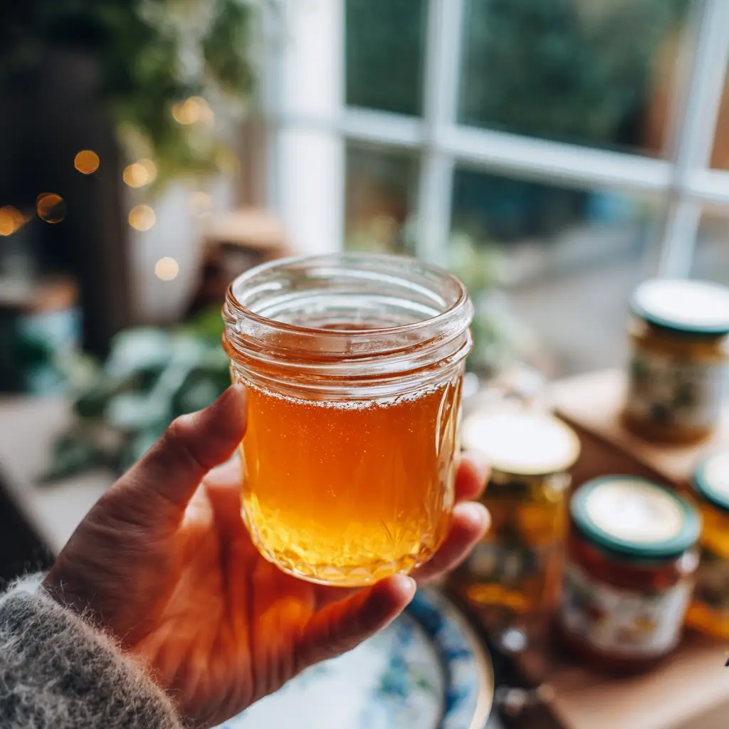 canaan honey recipe for eyesight_Hand holding Canaan honey eyesight blend near kitchen window with soft light