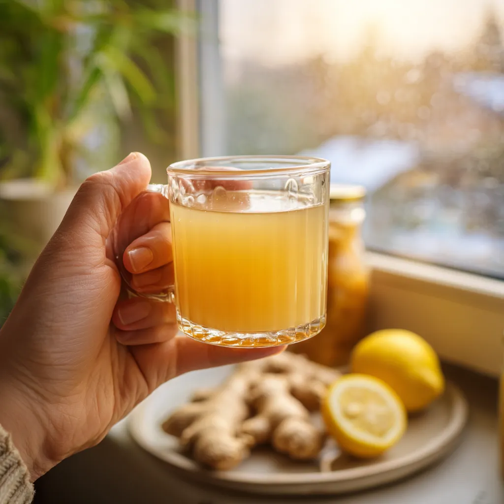 Hand holding ginger lemon honey tea by kitchen window