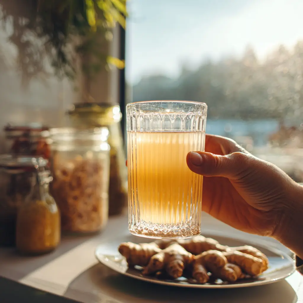 Hand holding ginger root detox water by sunny window