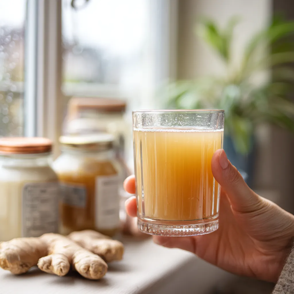 Hand holding ginger tea by a bright kitchen window, wellness vibe
